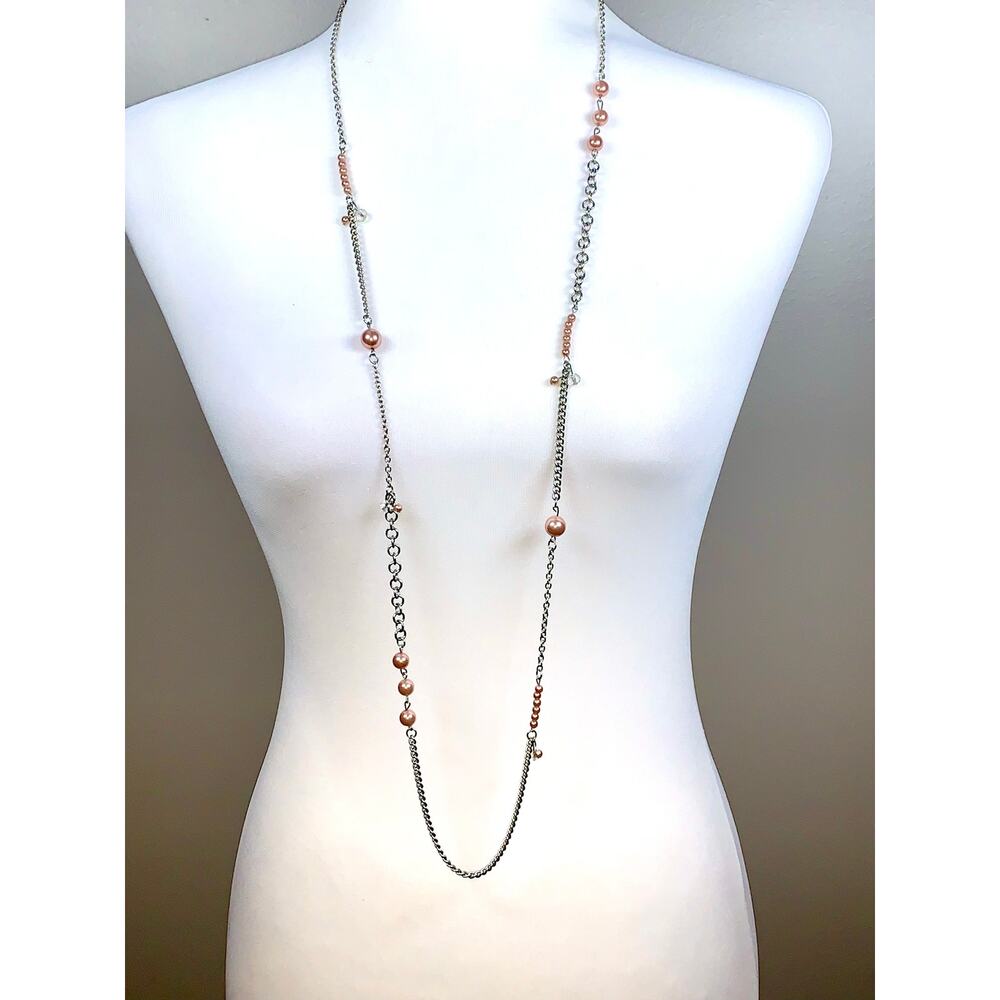 Silver Tone Pale Pink Faux Pearl Beaded Station Long Statement Necklace